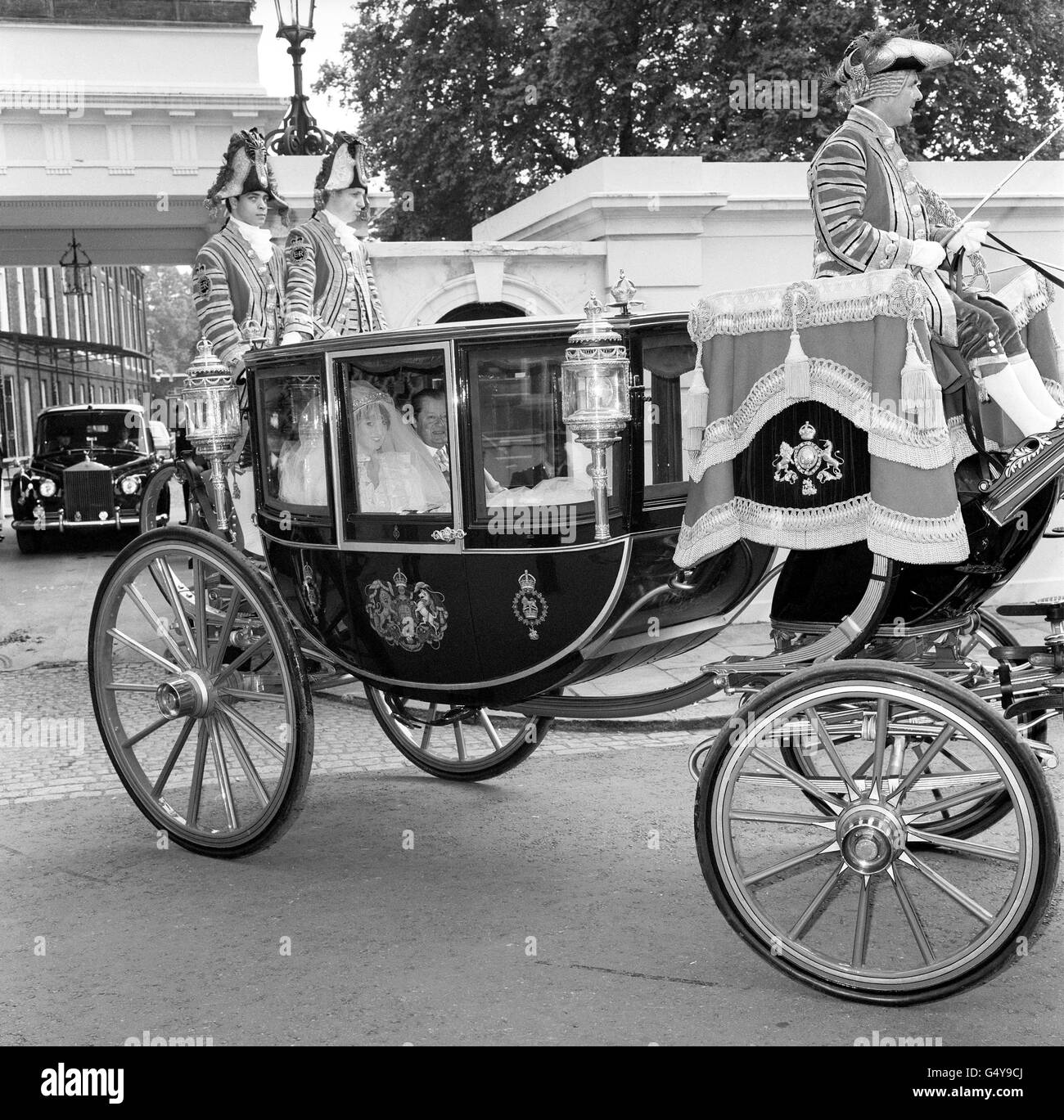 Lady Diana Spencer and her father Earl Spencer in the Glass Coach, leave Clarence House for St. Paul's Cathedral in the City of London, for her marriage to the Prince of Wales. Stock Photo