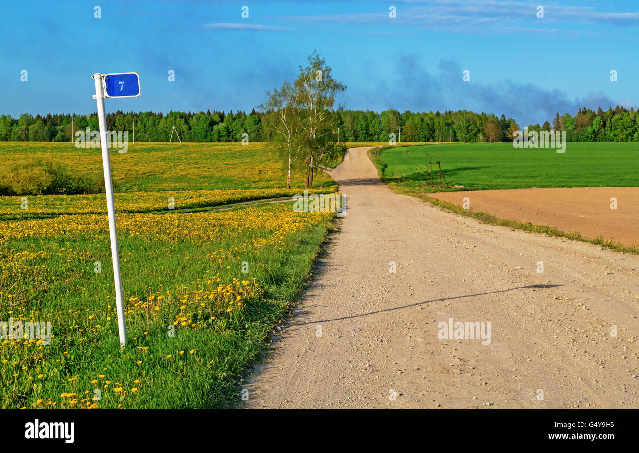 Ground road through agricultural fields.Along the road plowed brown field and green grass fields. Stock Photo