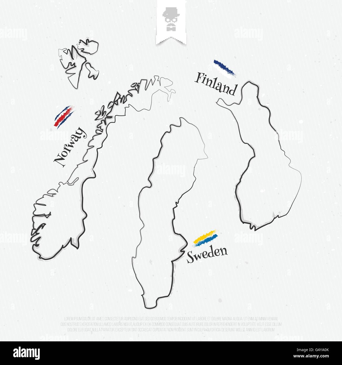 Finland, Sweden and Norway outline maps and official colors over paper texture. vector map thin line icons on white background. Stock Vector