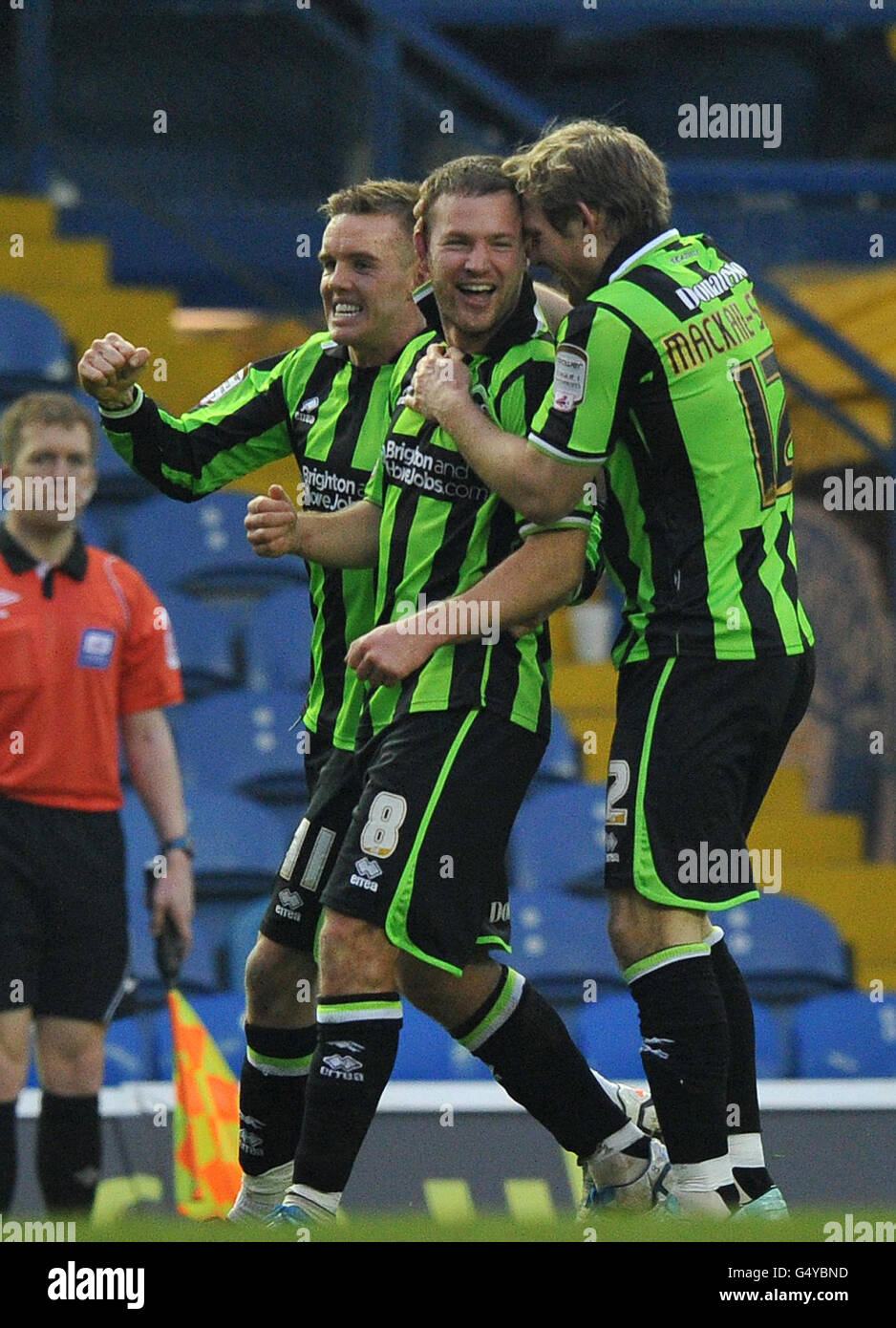 Brighton & Hove Albion's Alan Navarro is congratulated on scoring the winning goal during the npower Football League Championship match at Elland Road, Leeds. Stock Photo