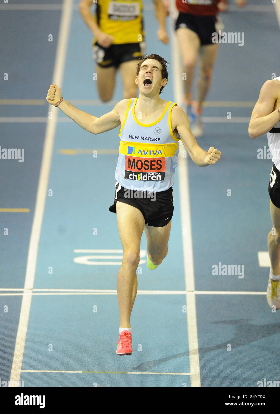 Lewis Moses celebrates as he wins the Men's 1500m final Stock Photo