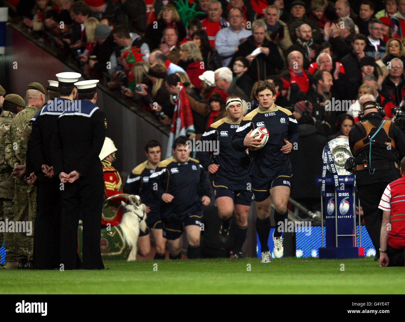 Scotlands captain Ross Ford leads his team out for 6Nations match against Wales at the Millennium Stadium Stock Photo