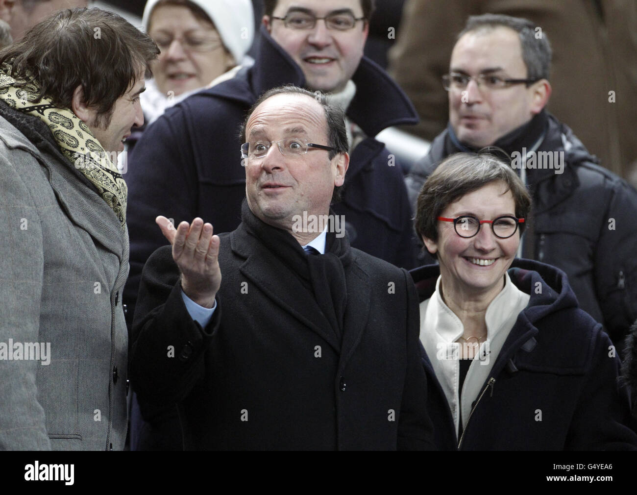 French Socialist Presidential election candidate Francois Hollande at the Six Nations rugby union match between France and Ireland at the Stade de France in Saint-Denis, near Paris. Stock Photo