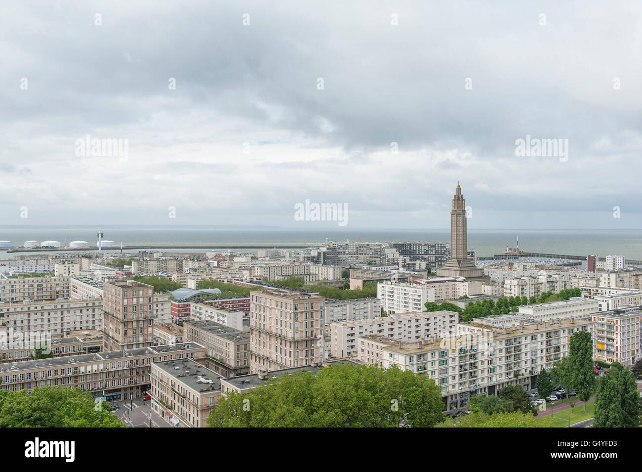 The world-heritage area of Le Havre, built by Auguste Perret with St Joseph's church as landmark, Normandy, France Stock Photo