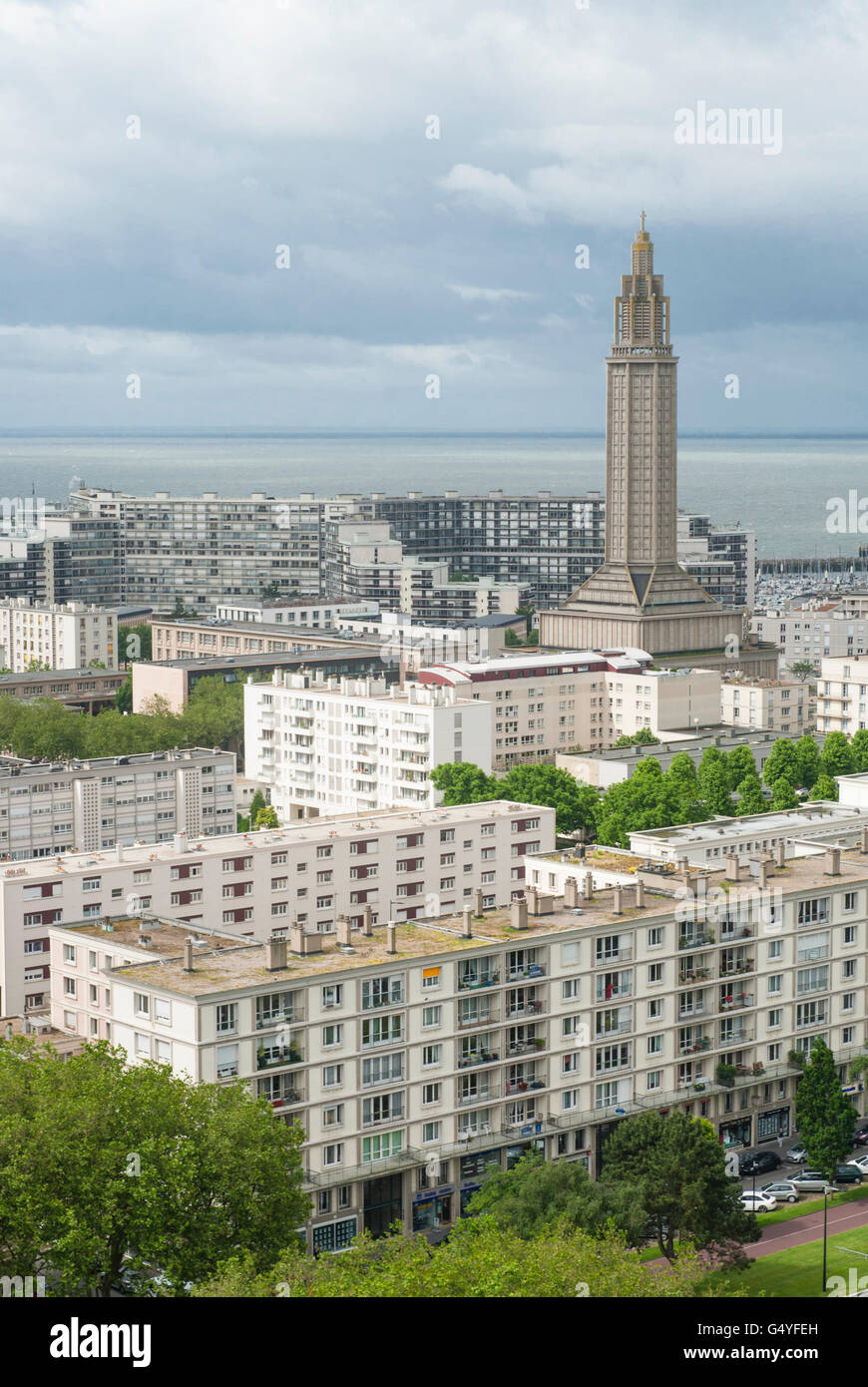 The world-heritage area of Le Havre, built by Auguste Perret with St Joseph's church as landmark, Normandy, France Stock Photo