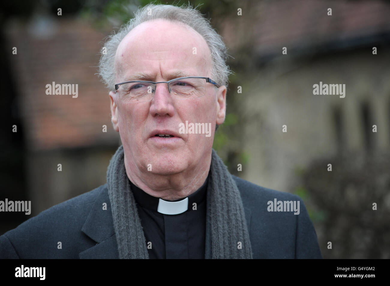 The Archdeacon of Gloucestershire Geoffrey Sidaway outside St Paul's Church following a service after a man was found dead in Thornbury, south Gloucestershire. Stock Photo