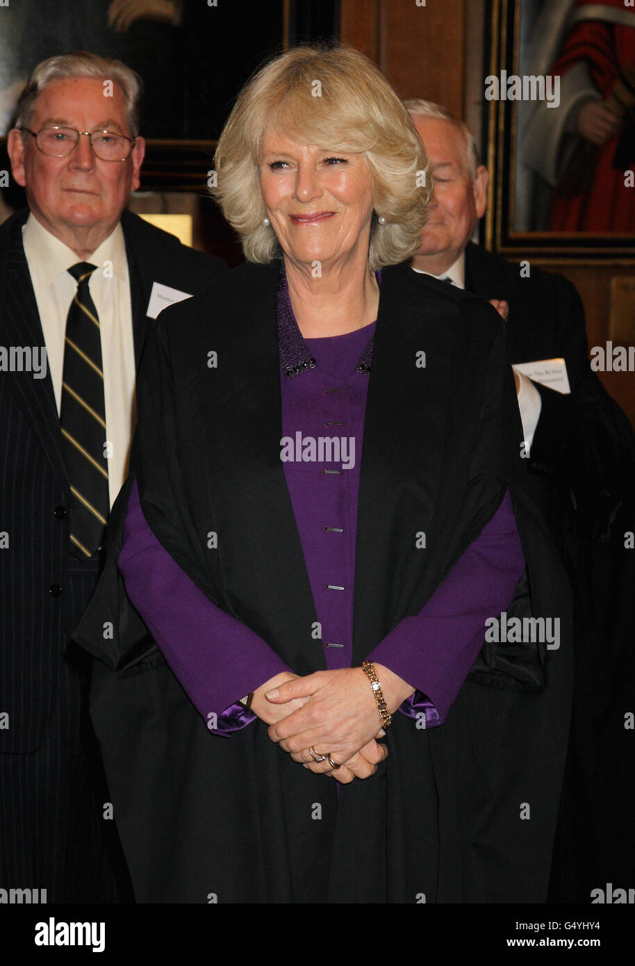 The Duchess of Cornwall wears a masters gown as she is made an Honourable Royal Bencher at the Honourable Society, Gray's Inn, London, where she spoke of the importance of challenging the brain in old age as she was made an honorary barrister. Stock Photo