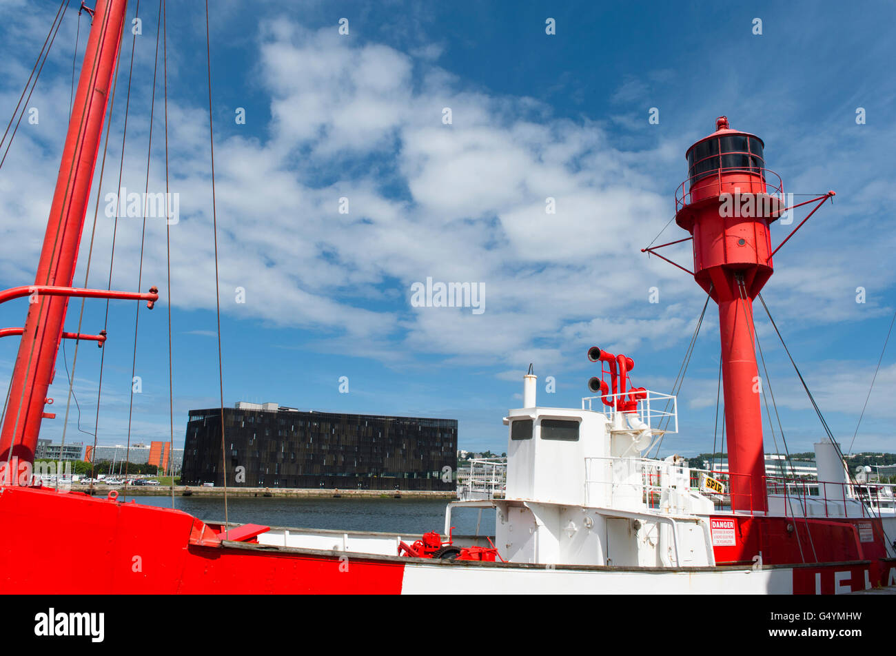 Out-of-service light vessel and the black block of the maritime school, Le Havre, Normandy, France Stock Photo