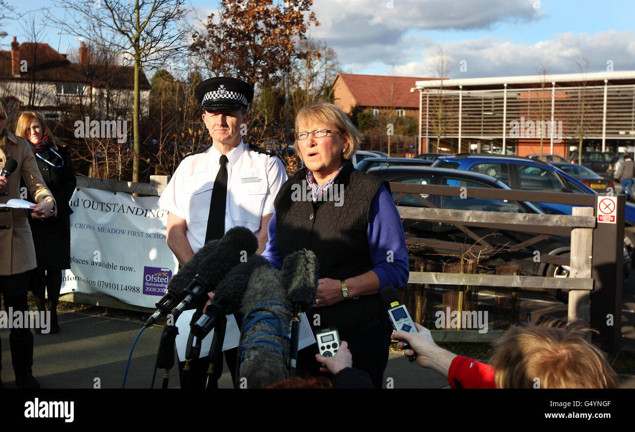 Councillor Liz Eyre, cabinet member for children and young people at Worcestershire County Council and Superintendent Steve Cullen of West Mercia Police issue a statement outside Alvechurch Middle School in Worcestershire, after a teacher died and four people were taken to hospital with serious injuries after a coach carrying schoolchildren crashed in Northern France. Stock Photo