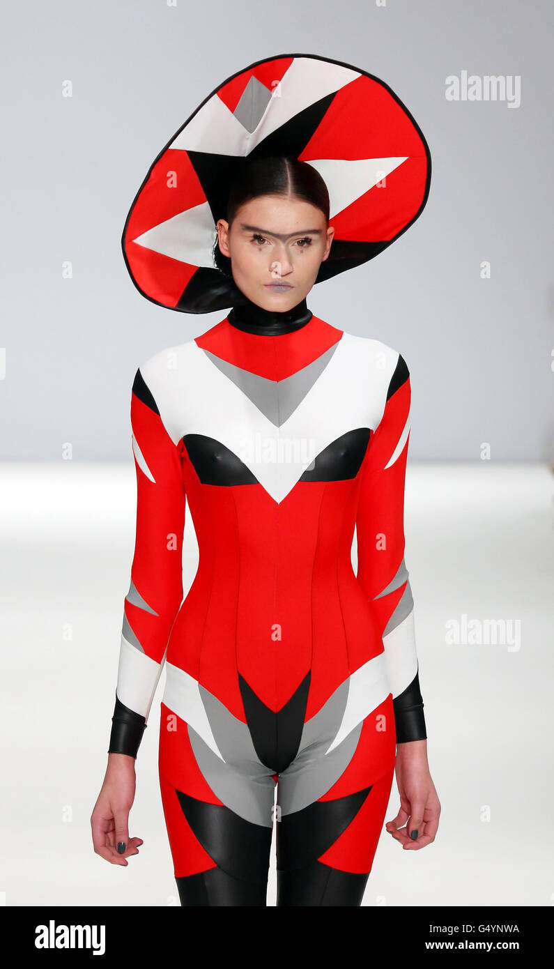 A model on the catwalk during the Pam Hogg London Fashion Week show at