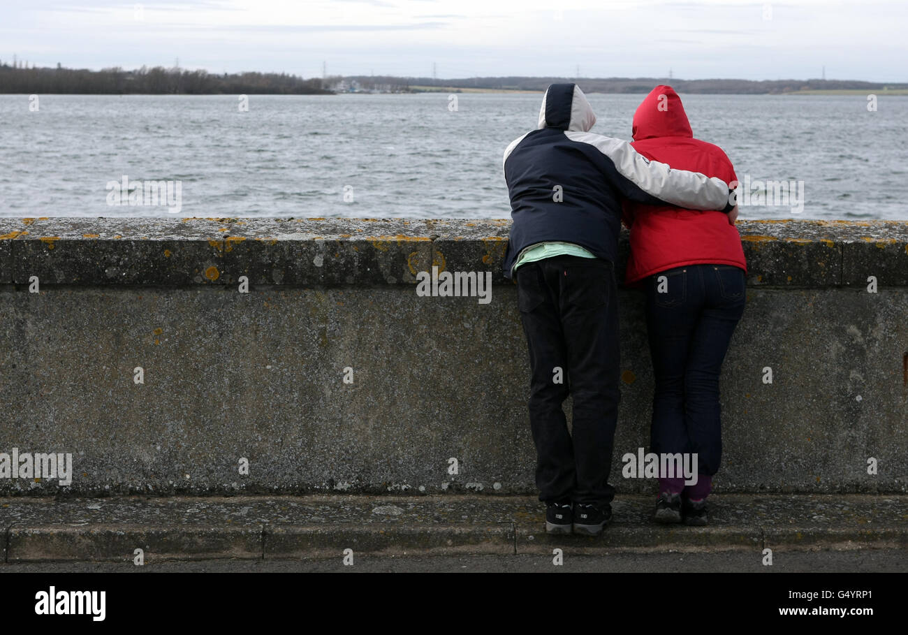 A couple look out over Anglian Water Reservoir Grafham Water in Cambridgeshire. The south east of England is now in a state of drought, the Department for Environment, Food and Rural Affairs said today. Stock Photo