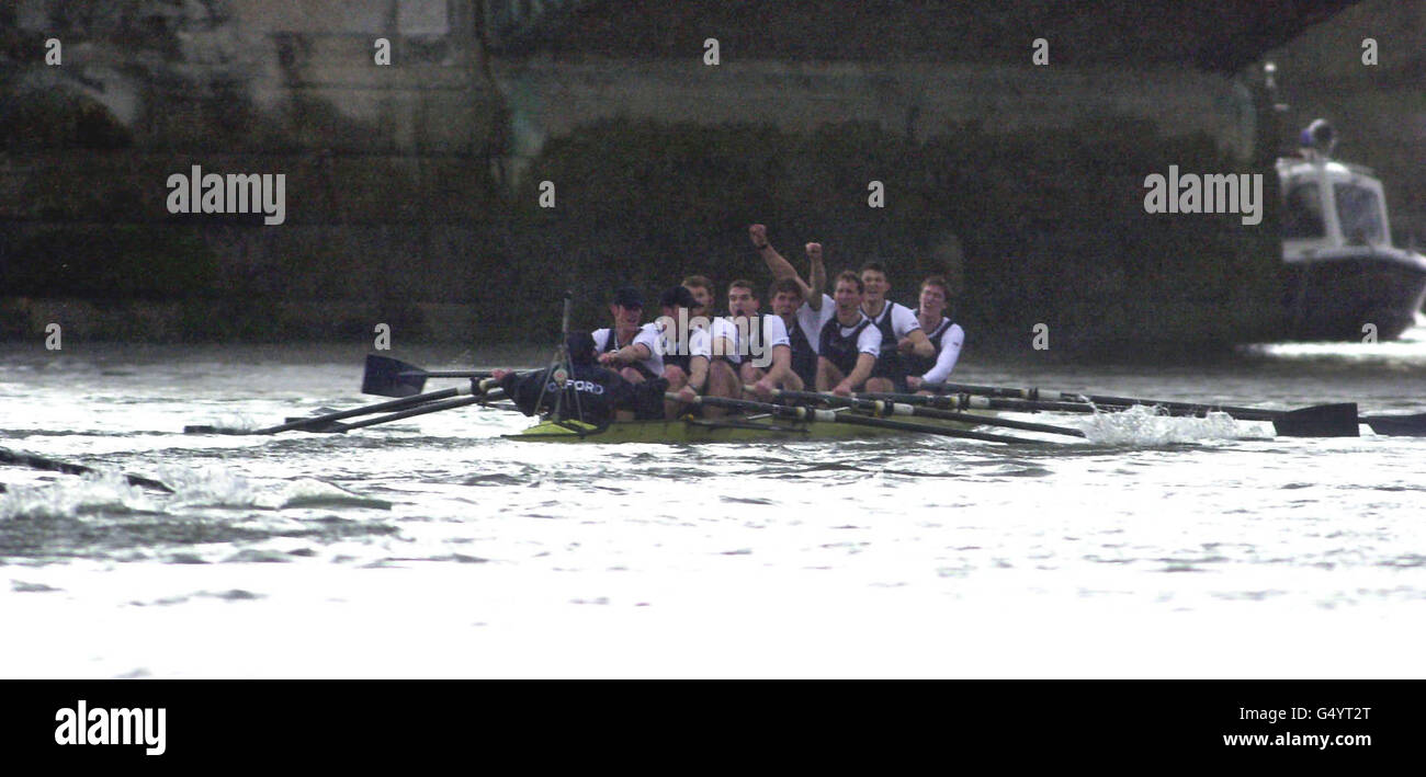 A triumphant Oxford crew celebrate their win in the 147th Varsity boat race, as the tide finally