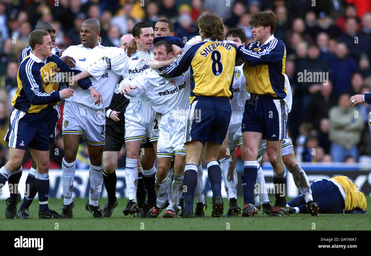 Library file picture dated 12/02/00 of the mass brawl which broke out during the Premiership match between Leeds United and Tottenham Hotspur players at Elland Road. Both Leeds and Tottenham have been fined 150,000 pounds each and censured by a Football Association disciplinary hearing in Birmingham today, Wednesday 29th March 2000. See PA Story SOCCER Disciplinary. **EDI** PA Photo : Phil Noble Stock Photo