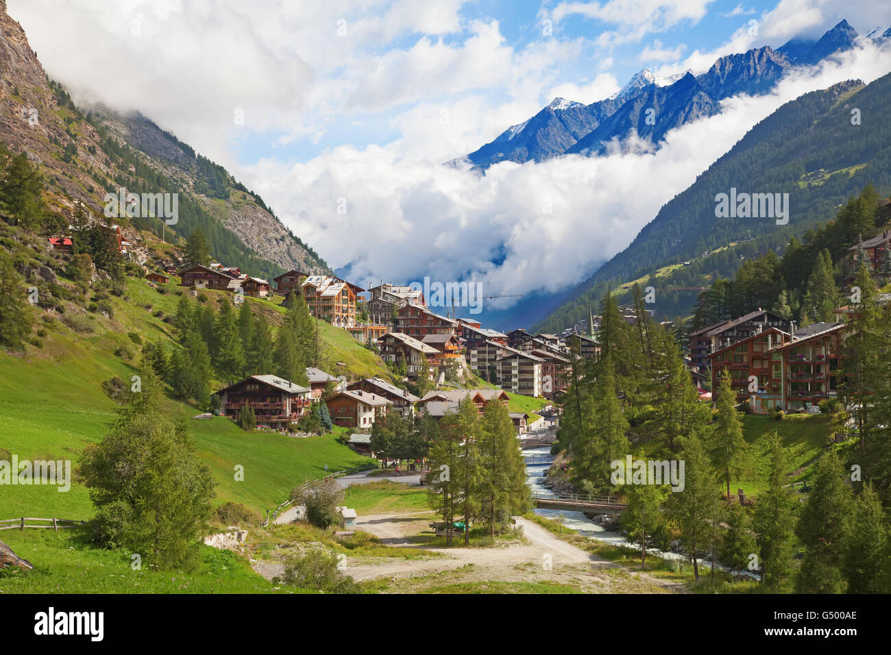 Famous swiss city Zermatt in the valley near the swiss-italian border center of alpine sports Stock Photo