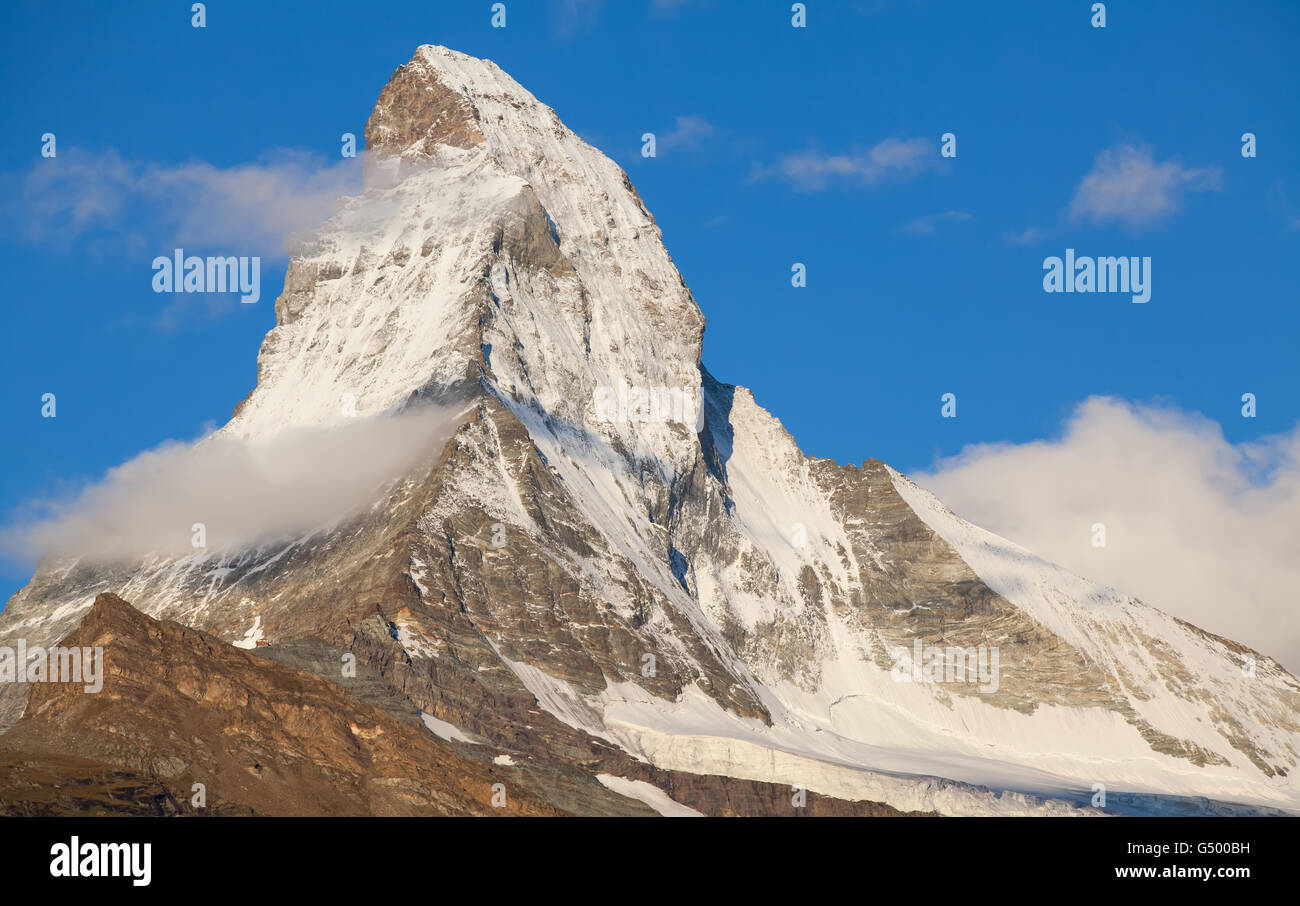 Famous mountain Matterhorn (peak Cervino) on the swiss-italian border Stock Photo