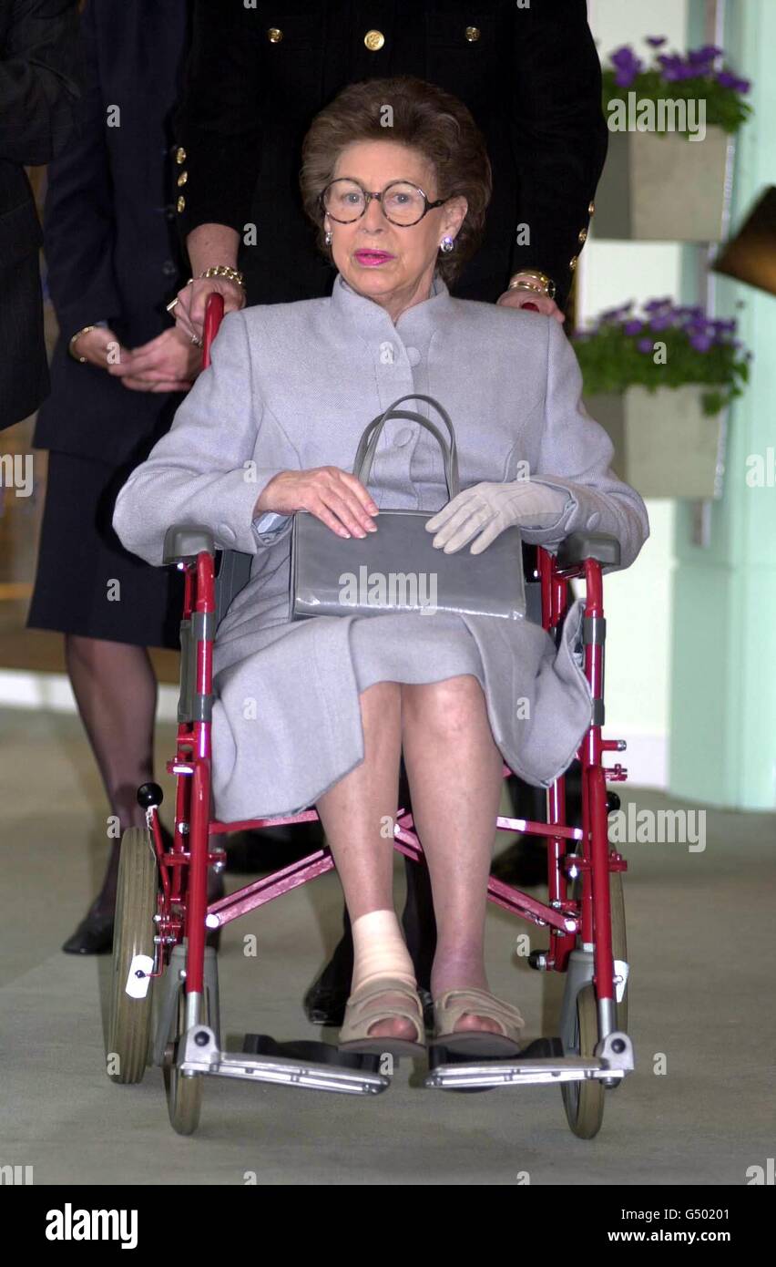 Princess Margaret making a rare public appearance, in her wheelchair, for part of her visit to the Chelsea Harbour Design Centre, London. The Princess badly burnt her feet while on the Caribbean island of Mustique in 1999. * 02/01/01 Doctors treating Princess Margaret were expecting test results which they hope will help to diagnose her mystery illness. Margaret was still resting at Sandringham in Norfolk after being bedridden over the Christmas and New Year period. 01/01/2001: It was confirmed by Buckingham Palace, that Princess Margaret is unwell and has undergone medical tests. The Queen's Stock Photo