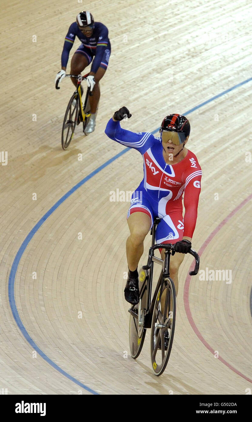 Britain's Chris Hoy defeats France's Gregory Bauge in the deciding race of their quarter final in the sprint during day three the UCI Track Cycling World Cup at the Velodrome in the Olympic Park, London. Stock Photo