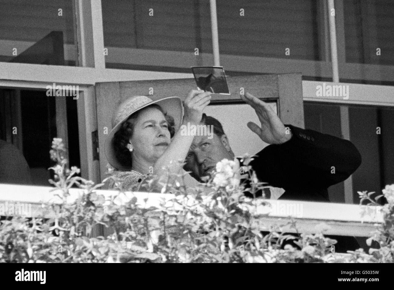 The Queen studies a picture of a horse with Michael Oswald, the Queen's Thoroughbred Stud Manager. Stock Photo