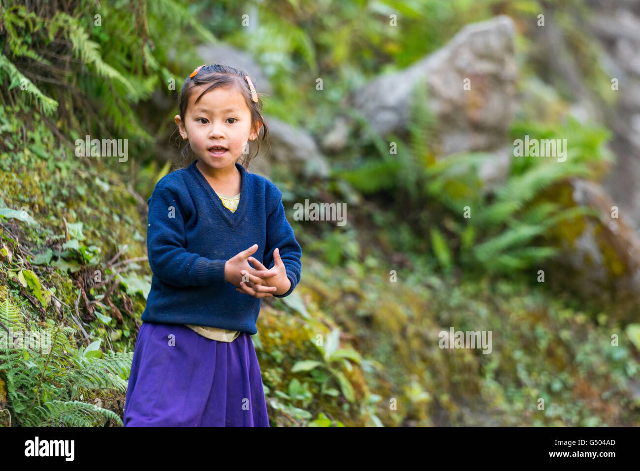 Nepal, Western Region, Dharapani, On the Annapurna Circuit - Day 3 - From Dharapani to Chame - Awakened Girl in the Manang District Stock Photo