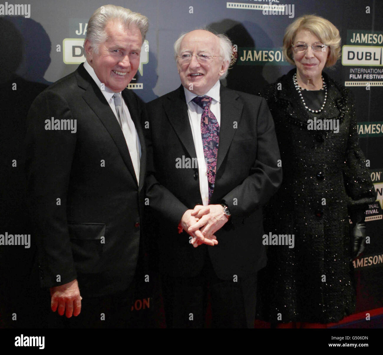 (Left - right) Martin Sheen, President Michael D Higgins and his wife Sabina Coyne attend a showing of Stella Days at the Jameson Dublin International Film Festival, Dublin. Stock Photo