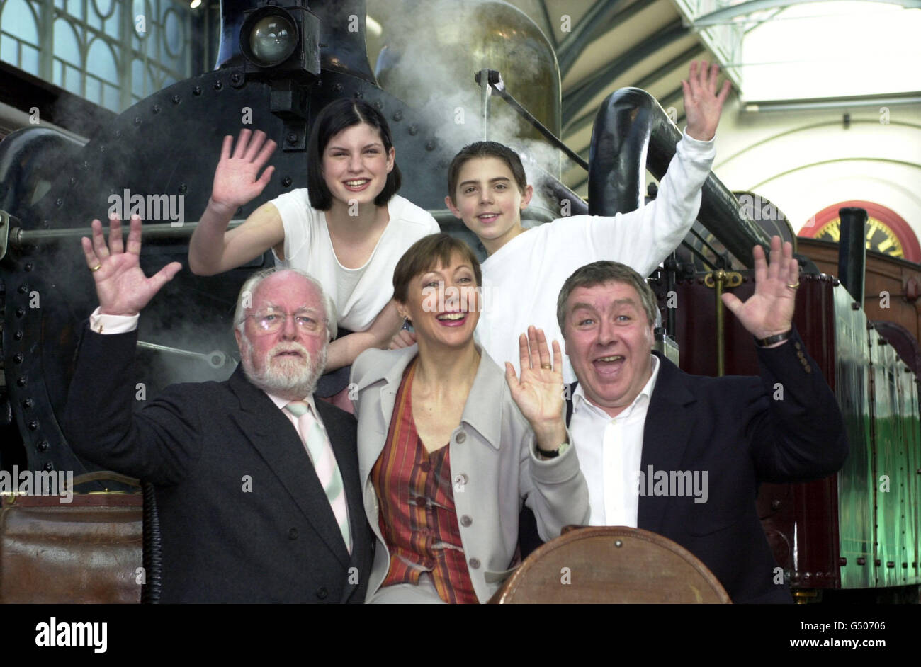 Stars of the forthcoming adaptation of The Railway Children gathered at London's Transport Museum. (L to R) Richard Attenborough as The Old Gentleman, Jemima Rooper as Roberta, Jenny Agutter as Mother, Jack Blumenau as Peter, and Gregor Fisher as Perks. Stock Photo