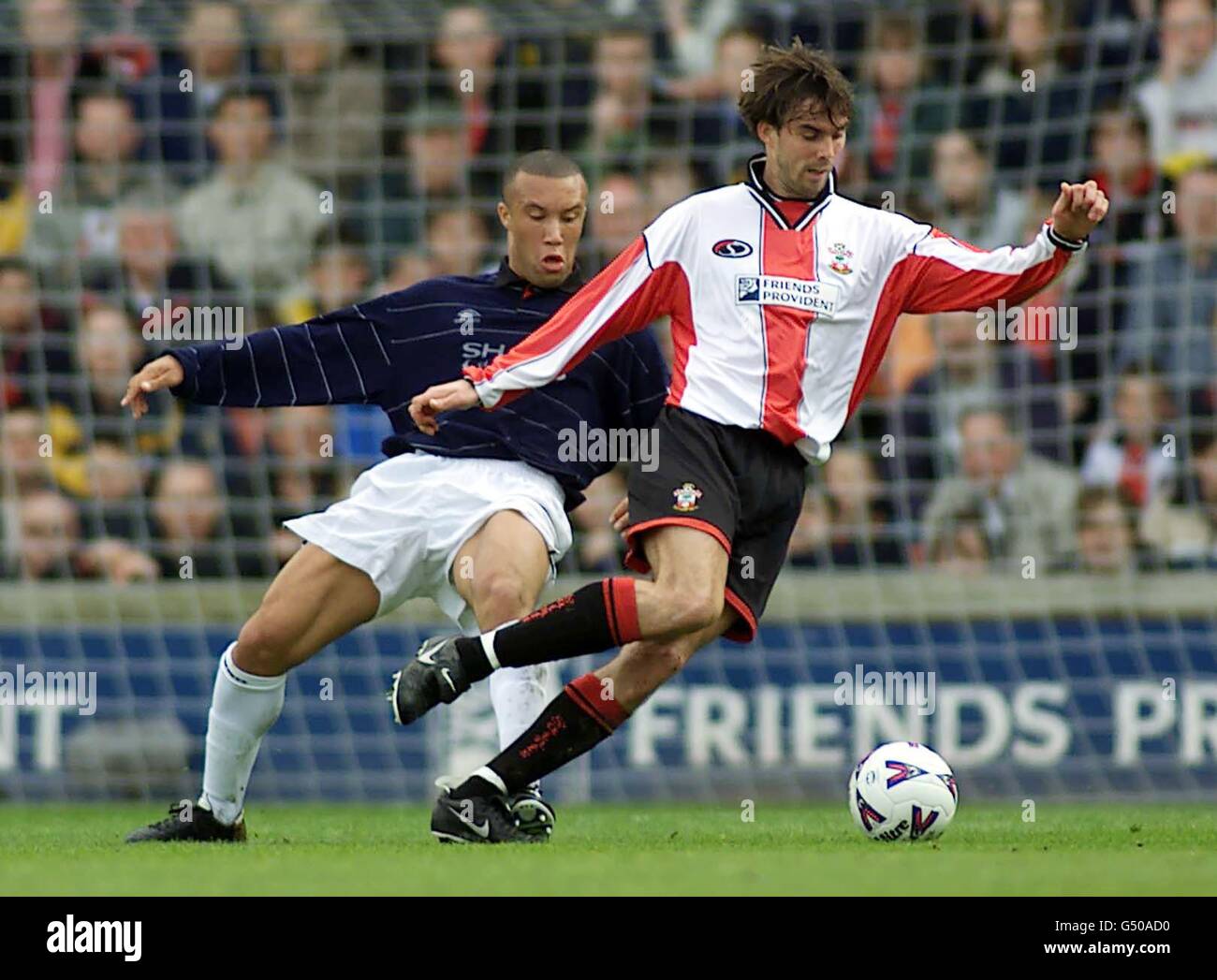 Manchester United's Mikael Silvestre (L) attempts to tackle Southampton's Jo Tessem during their FA Premiership match at The Dell. Final Score: Southampton 1 Man United 3. Stock Photo