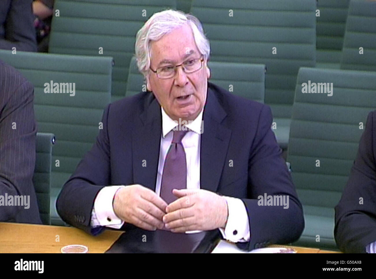 Bank of England governor Sir Mervyn King gives evidence to the Treasury Select Committee in the House of Commons, London, where he said a scheme that injected an additional 529.5 billion euros (&pound;448.7 billion) into the European economy has helped avoid a run on the region's banks. Stock Photo
