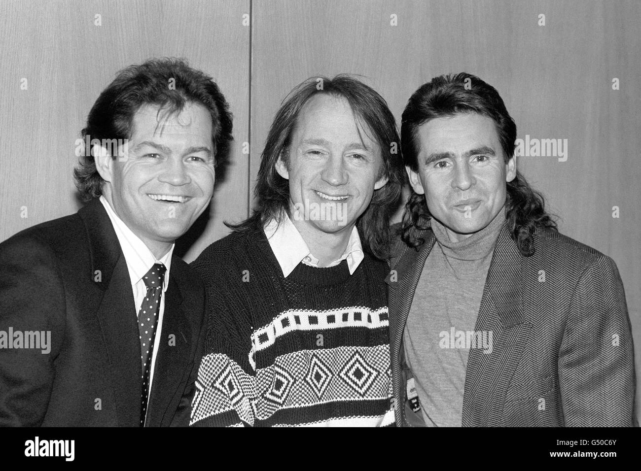 The pop band The Monkees pose for a photocall for their tour of the UK. L-R Micky Dolenz, Peter Tork, Davy Jones Stock Photo
