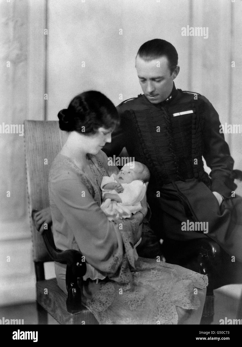 New-born Gustaf Eduard Bernadotte of Wisborg, with his parents the Countess and Count Folke Bernadotte. Stock Photo