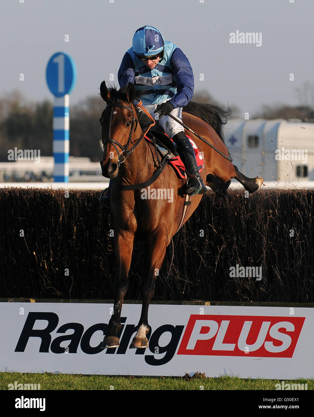 Cristal Bonus ridden by Ruby Walsh jumps the last fence to win The Racing Plus Pendil Novices Steeple Chase. Stock Photo