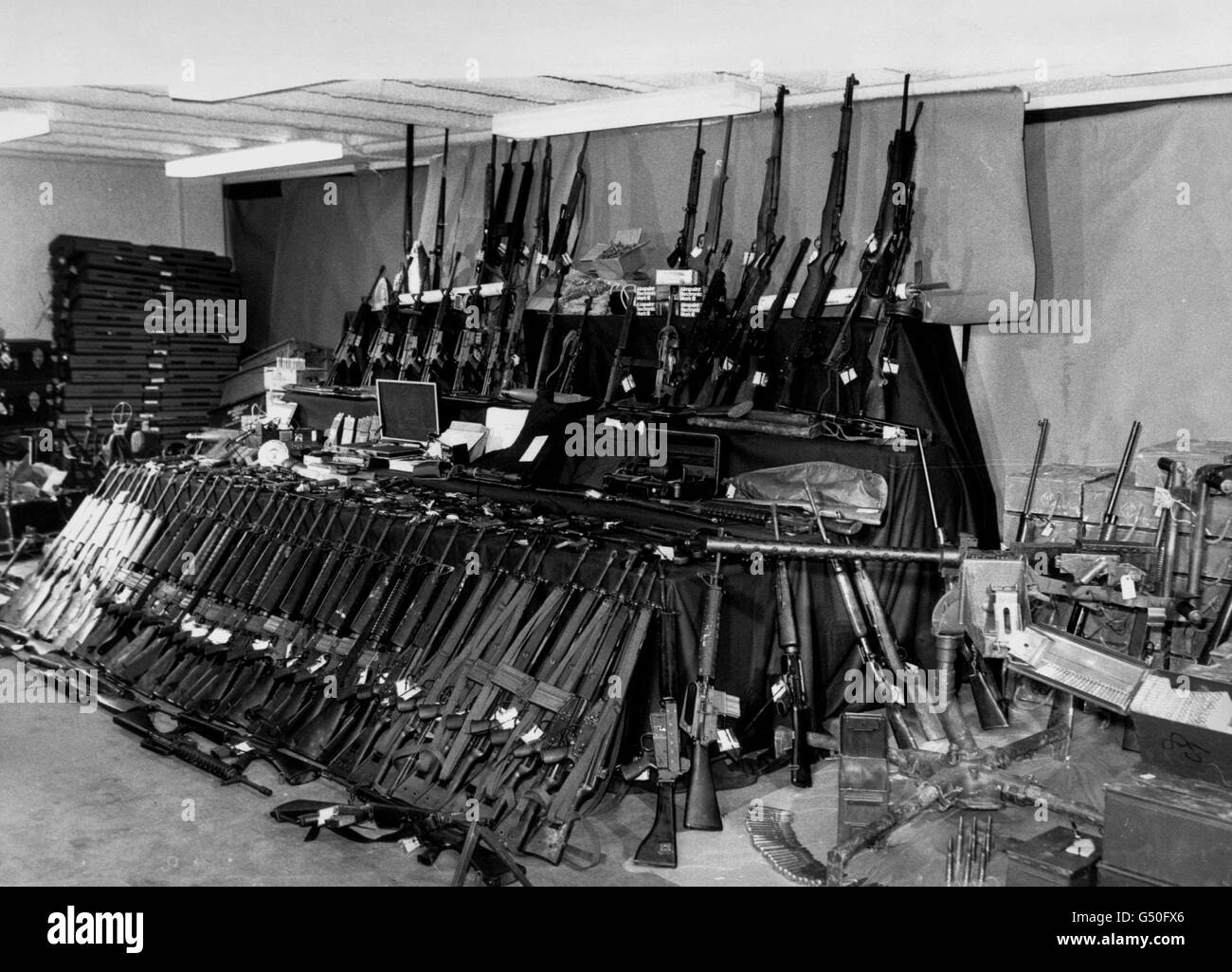 Weapons and ammunition on show at Garda headquarters in Phoenix Park, Dublin, which were among the haul of 164 weapons and 71,000 rounds of ammunition siezed at sea on board the trawler 'Marita Ann'. Stock Photo