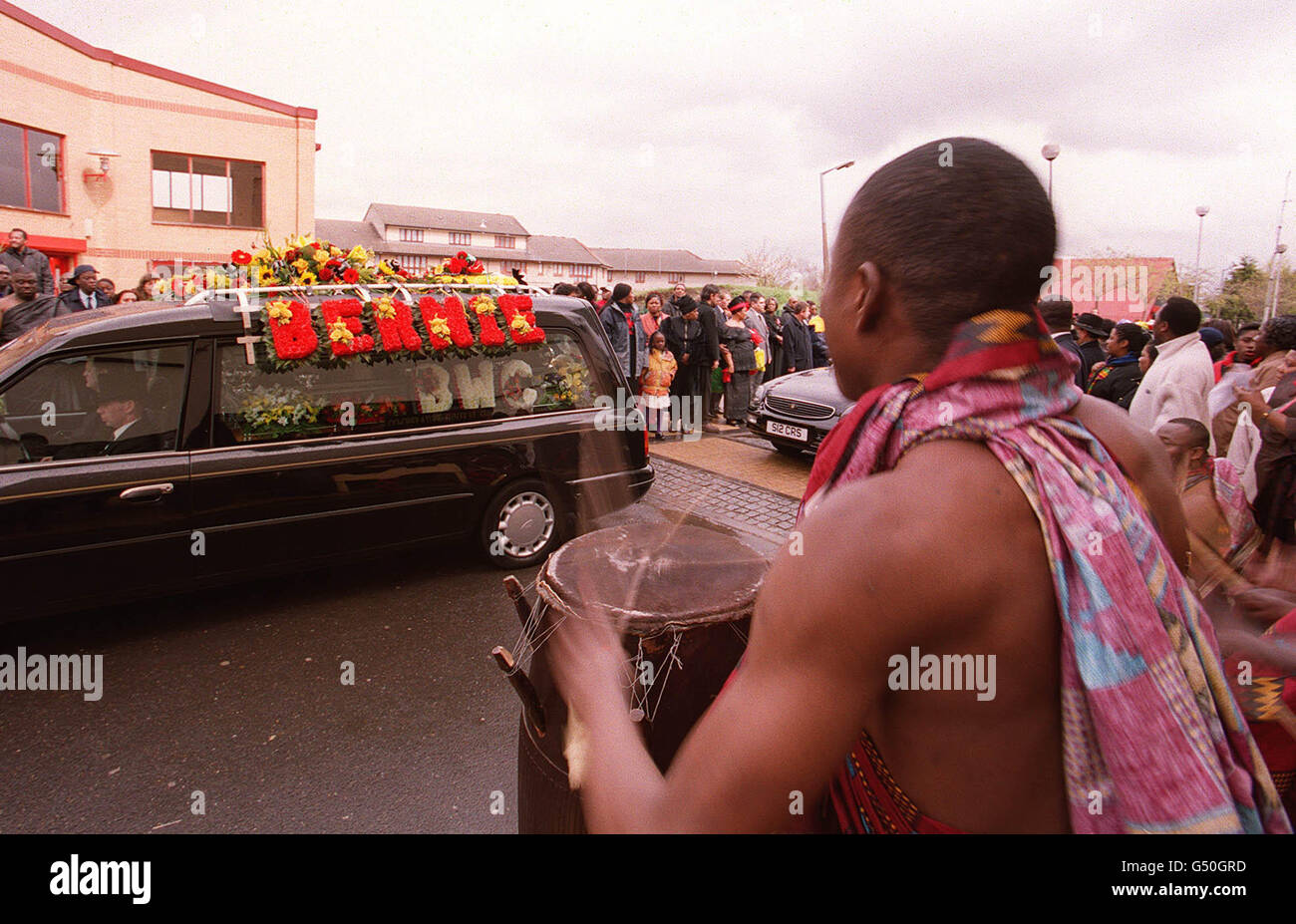 The arrival of the hearse carrying the coffin of the late Labour MP for Tottenham Bernie Grant, the funeral service took place at Alexandra Palace, London. Mr. Grant, 56, who was a diabetic and had undergone a triple heart bypass in 1998, died on April 8 2000. *..in Middlesex Hospital. Stock Photo