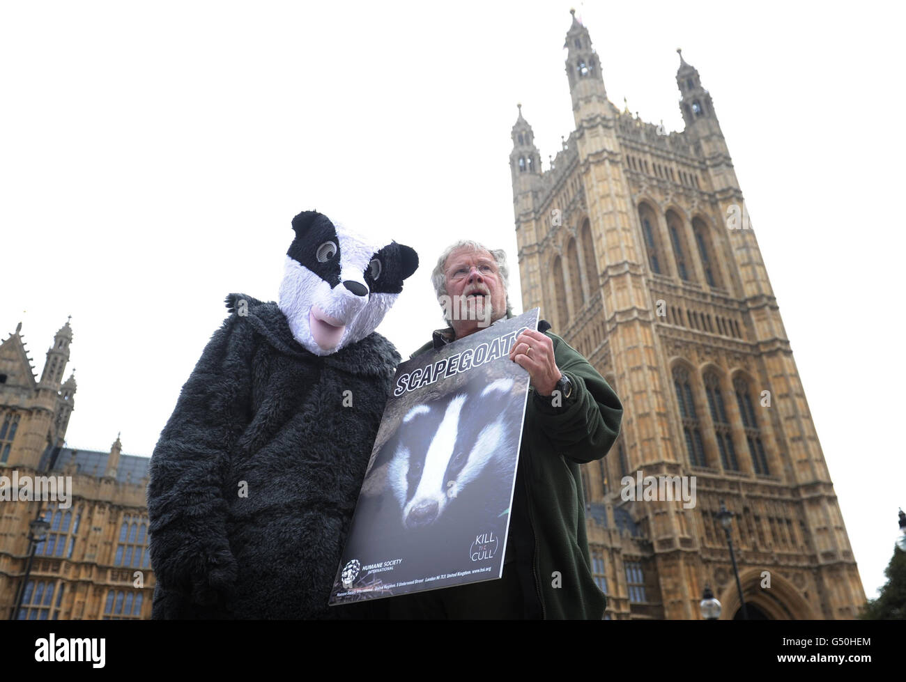 Bill Oddie attends an event in Westminster, London, to support the Humane Society's complaint against a badger cull to the EU's Bern Convention, which protects wild species. Stock Photo