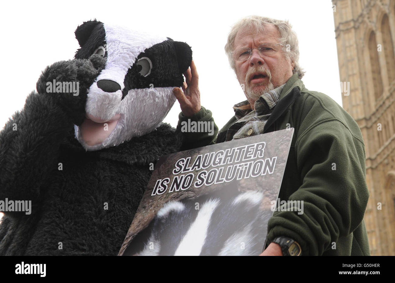 Bill Oddie attends an event in Westminster, London, to support the Humane Society's complaint against a badger cull to the EU's Bern Convention, which protects wild species. Stock Photo