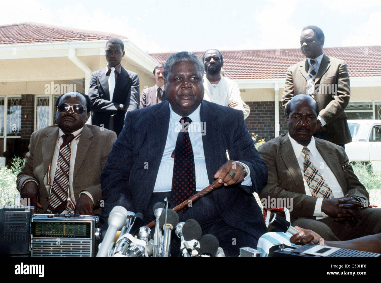 RHODESIA 1980: The build-up to the Rhodesian General Election. Joshua Nkomo, leader of the Zimbabwe African People's Union (ZAPU), addressing a press conference at his home on the outskirts of Salisbury (now Harare). Stock Photo