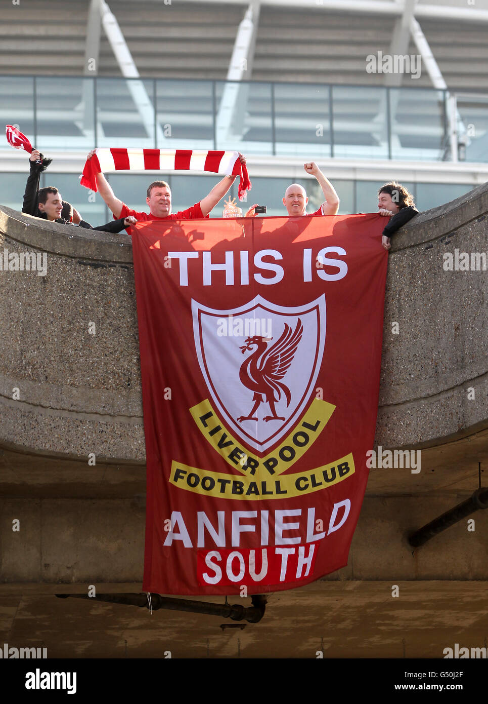 Liverpool Fans Hang A This Is Anfield South Banner From Wembley Way Stock Photo Alamy