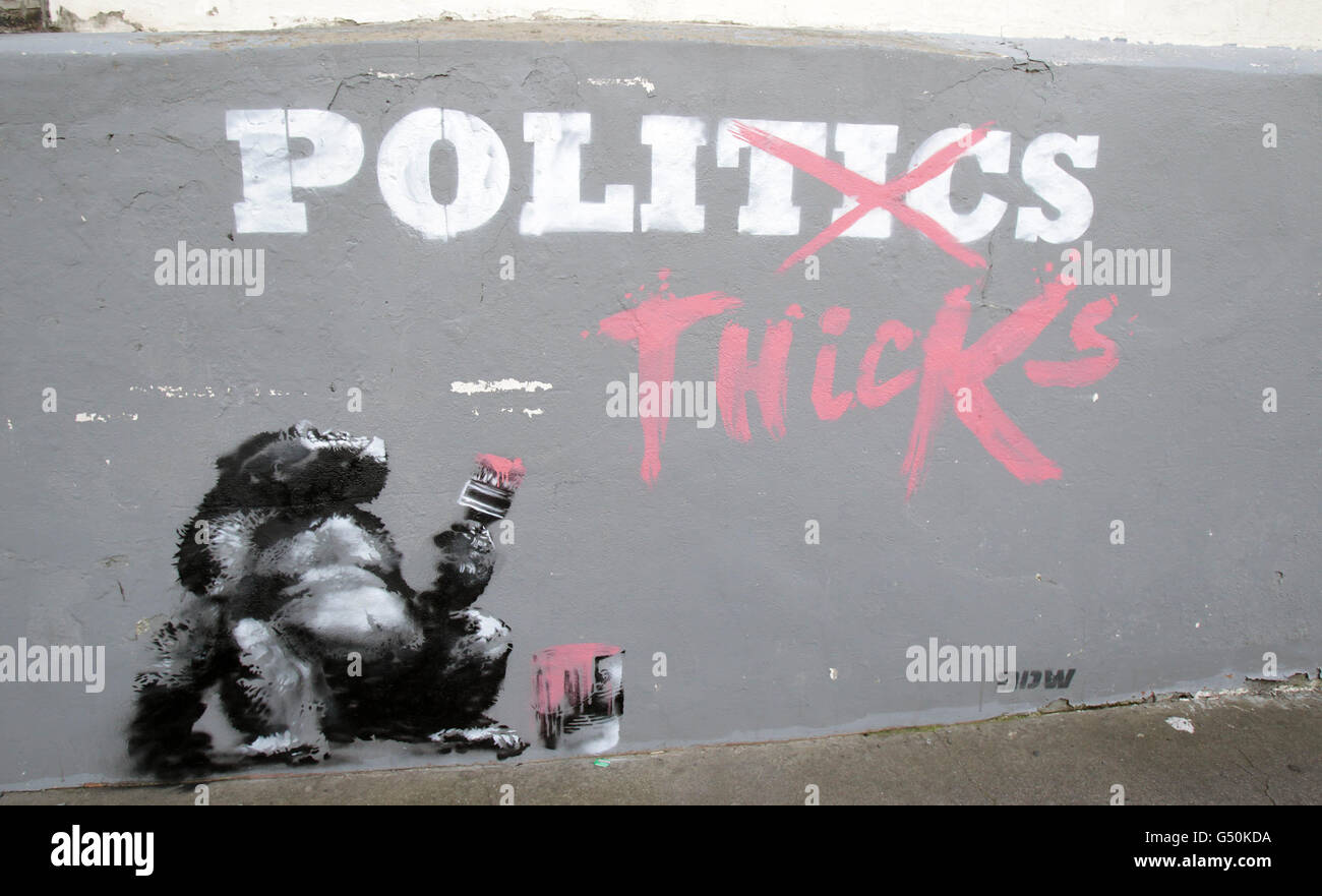New graffiti by satirical Irish stencil artist ADW in the Portabello area of Dublin today. Stock Photo