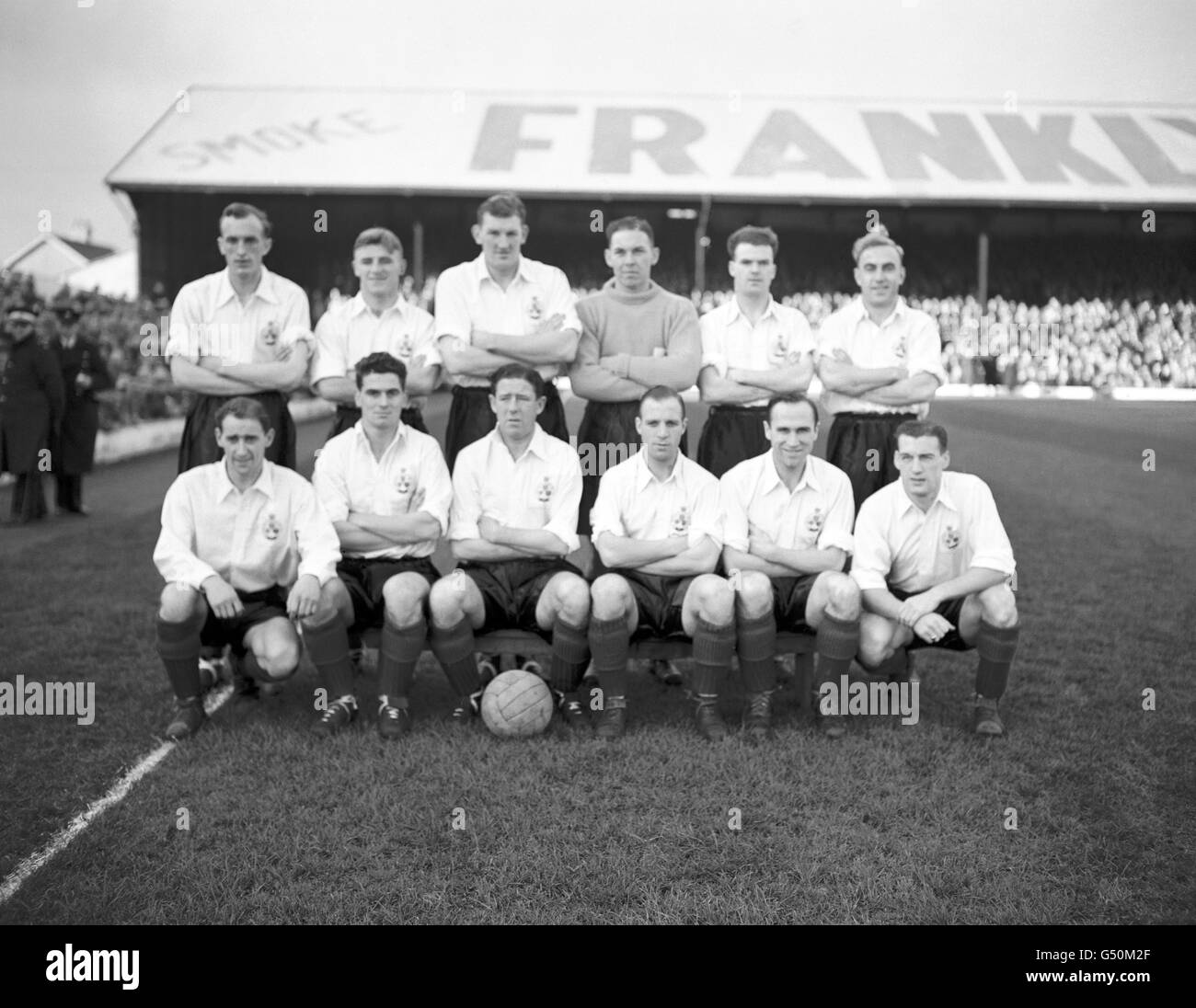 The Rest of the United Kingdom team ahead of the match which finished 3-2 to Wales. (back l-r) Charlie Fleming (East Fife), Tommy Docherty (Preston North End), George Young (Rangers), Tom Cowan (Morton), Alf McMichael (Newcastle United) and Billy Wright (Wolverhampton Wanderers). (front l-r) Sammy Cox (Rangers), Gordon Smith (Hibernian), Jack Vernon (West Bromwich Albion), Eddie Baily (Tottenham Hotspur), Les Medley (Tottenham Hotspur) and Nat Lofthouse (Bolton Wanderers). Stock Photo