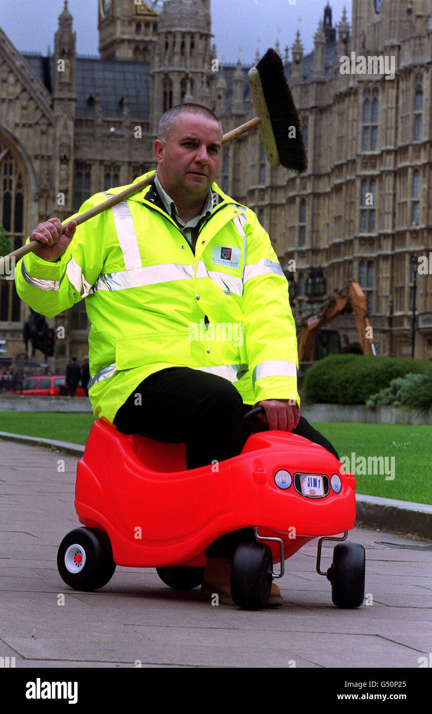 Diabetic council worker Jim Murray from Kilmarnock, Scotland, protesting outside Parliament in London. He has been banned from driving a road sweeping vehicle since being diagnosed. * He has joined Labour peer Lord Harrison in demanding Transport Ministers adopt a system of individual assessment for people with diabetes who wish to drive vehicles over 3.5 tonnes. Stock Photo