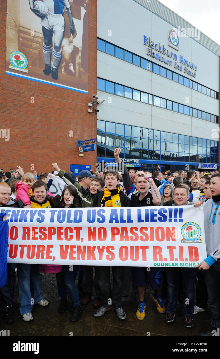 Blackburn Rovers fans stage a protest against club owners the Venky's and manager Steve Kean outside the ground prior to kick off during the Barclays Premier League match at Ewood Park, Blackburn. Stock Photo