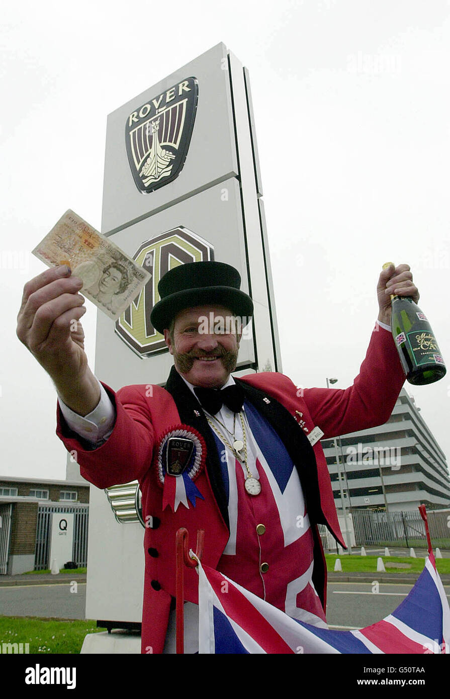 'John Bull' aka Ray Egan celebrates the Pheonix/BMW deal on the future of Longbridge outside the south Birmingham car plant . The car giant was dramatically saved from closure when its sale to the Phoenix consortium headed by a former company executive was agreed. Stock Photo