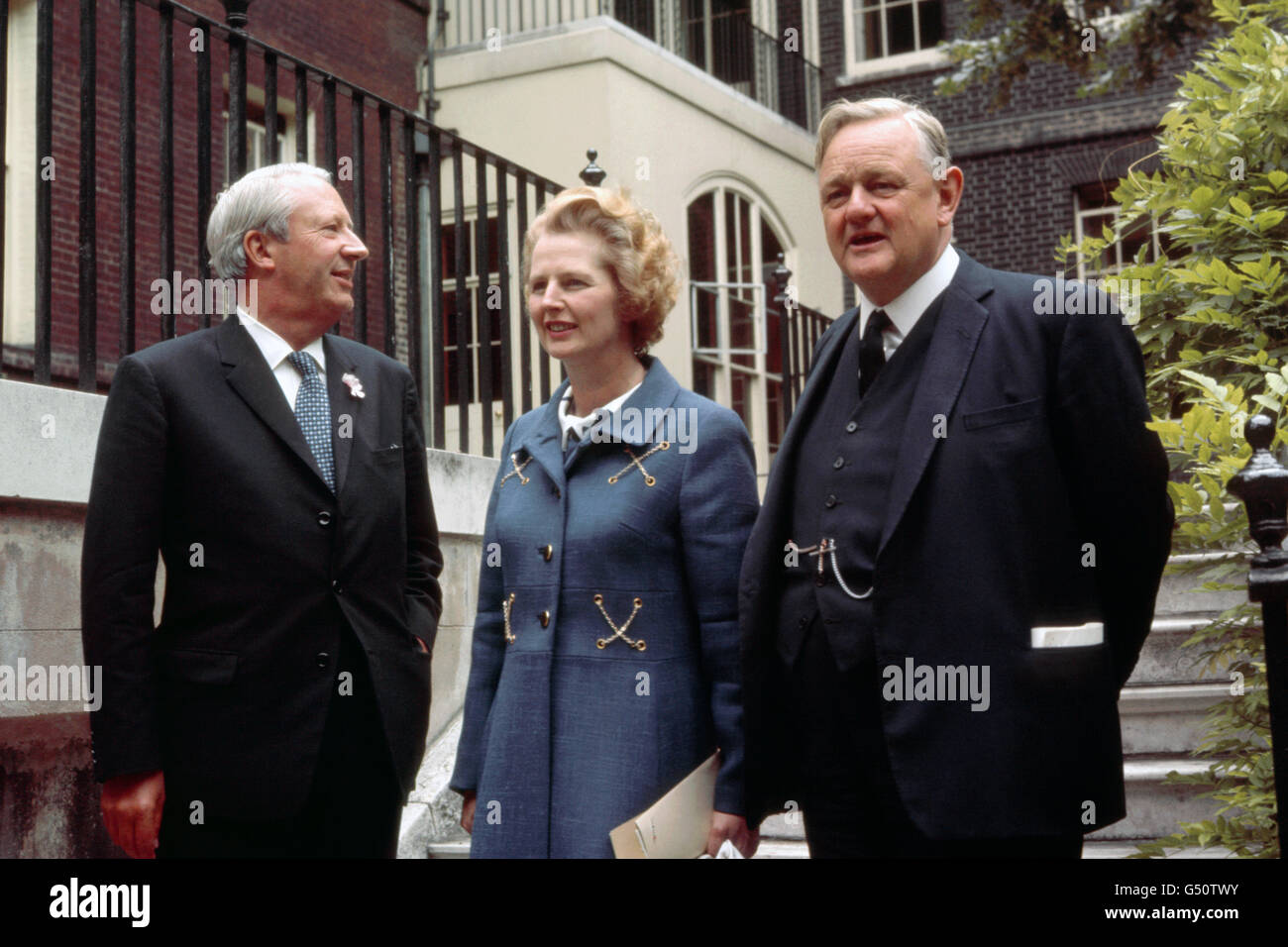 The new British Prime Minister Edward Heath, left, with Margaret Thatcher, Secretary for Education and Science, and Quentin Hogg, the Lord Chancellor, in the garden of No 10 Downing Street, London. Stock Photo