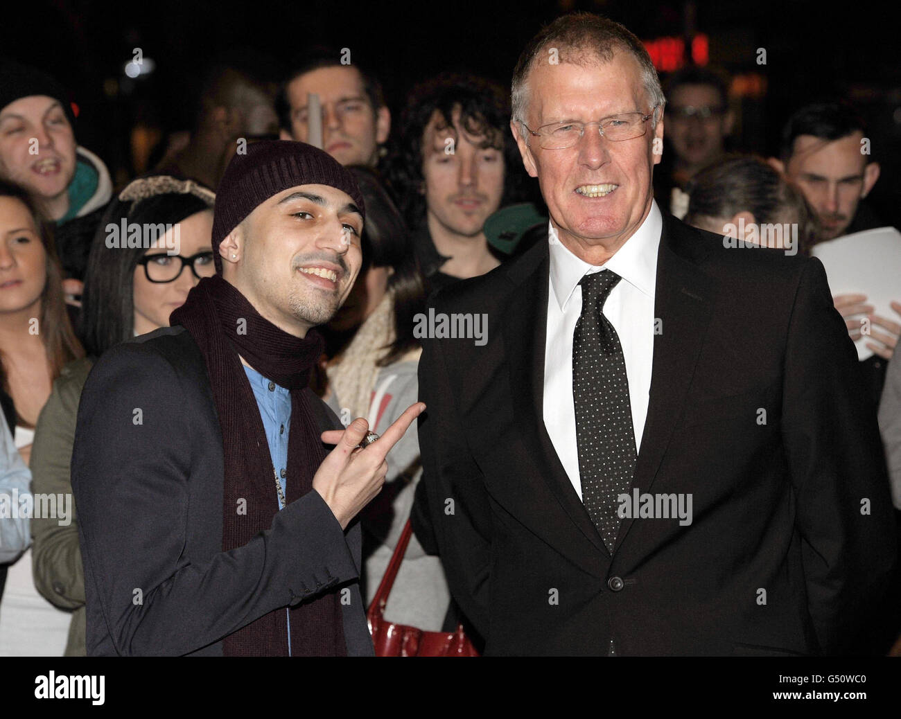 Adam Deacon (left) and Sir Geoff Hurst attend the premiere of Payback Season at the Odeon Covent Garden, London Stock Photo