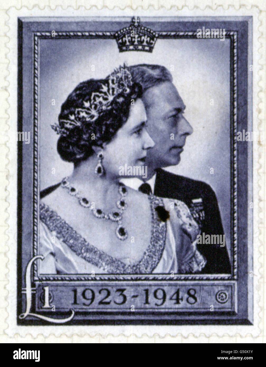 A picture of a previously issued stamp featuring the Queen Mother and King George VI. Stamps featuring four generations of the Royal Family are being issued to commemorate the Queen Mother's 100th birthday. * The Royal Mail is producing a miniature sheet of four 27p stamps featuring portraits of the Queen Mother, the Queen, the Prince of Wales and Prince William set within a larger group photograph. Stock Photo