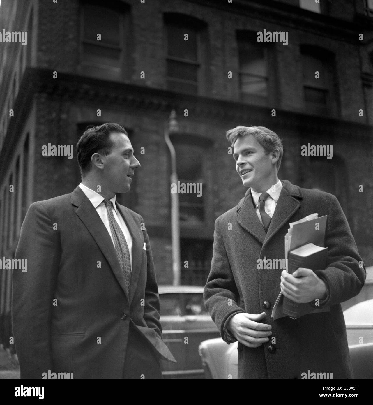 Walter Hesketh, former international runner and recently unsuccessful British Union Movement candidate in the Moss Side Parliamentary by-election, pictured with his agent Max Mosley (son of Sir Oswald Mosley) in Manchester where his summons against the city's Lord Mayor was heard. The summons alleges that the Lord Mayor failed in his duties as returning officer. Stock Photo