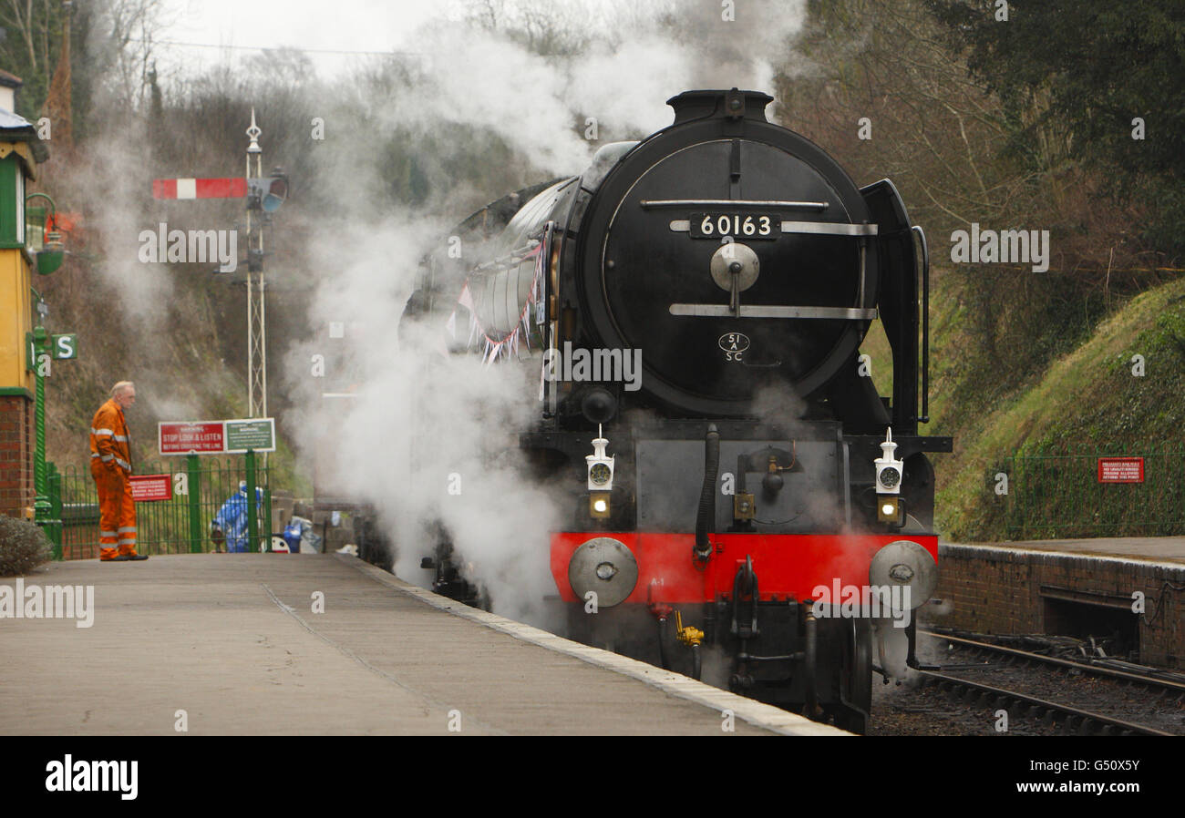 Stock - Watercress Line - Alresford Station. An A1 class steam locomotive pulls into Alresford Station at the end of the Watercress Line near Winchester. Stock Photo