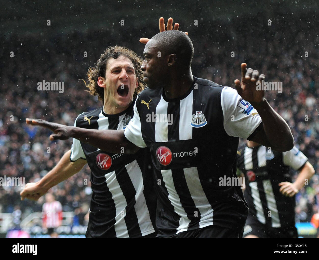 Newcastle's Shola Ameobi celebrates with Fabricio Coloccini (left) after he scored the equaliser during the Barclays Premier League match at the Sports Direct Arena, Newcastle. Stock Photo