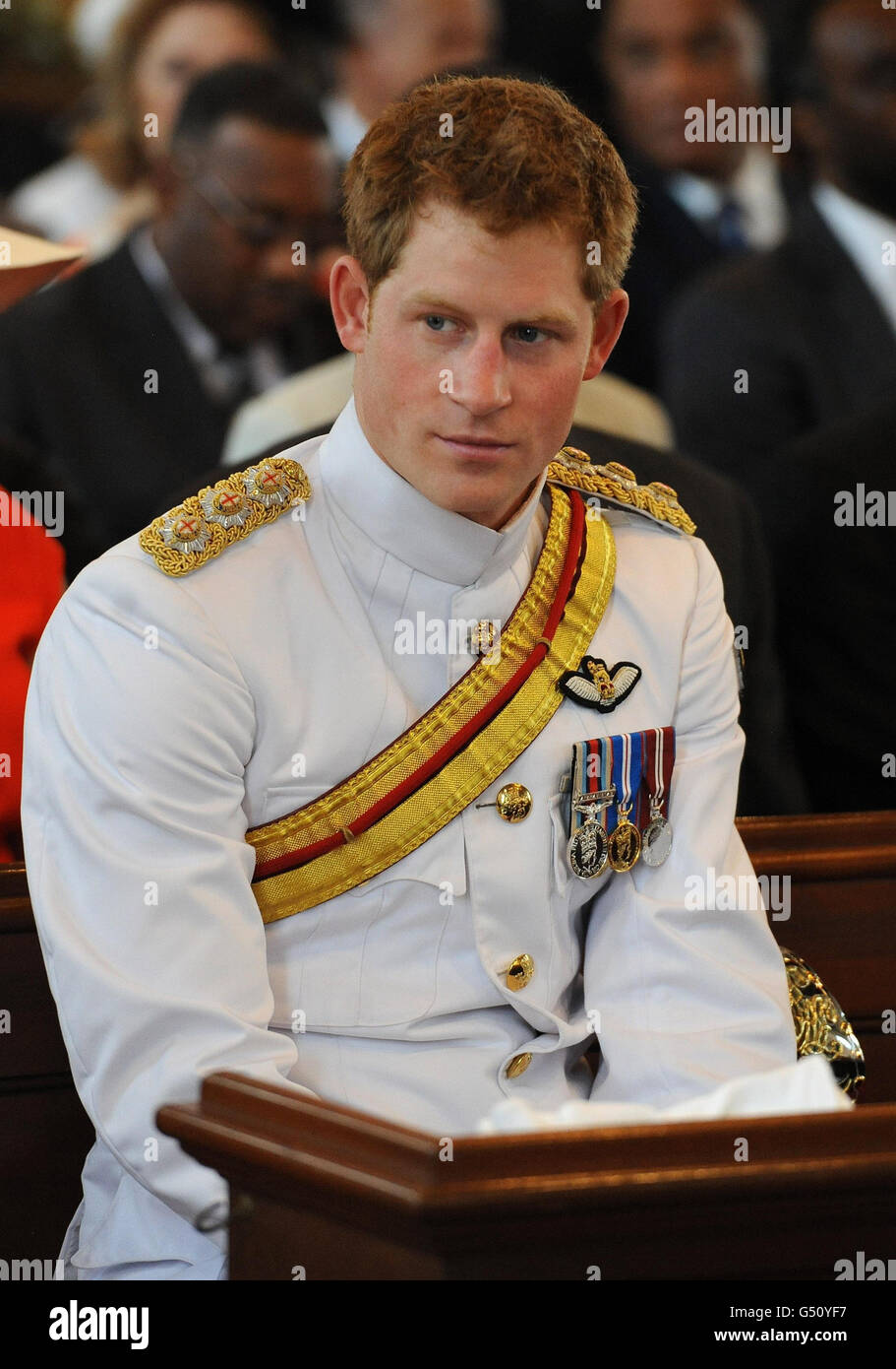 Prince Harry, wearing the 1 Tropical Dress of The Blues and Royals, Sunday Service at Christ Church Cathedral in Nassau, Bahamas on the third day of his 10 day tour to Belize, Bahamas, Jamaica, and Brazil. Stock Photo