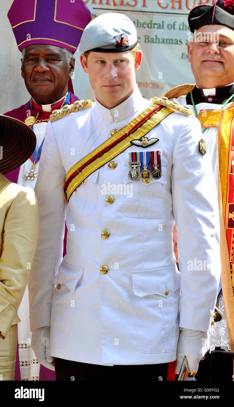 Prince Harry, wearing the 1 Tropical Dress of The Blues and Royals, after he attended the Sunday Service at Christ Church Cathedral in Nassau, Bahamas on the third day of his 10 day tour to Belize, Bahamas, Jamaica, and Brazil. Stock Photo