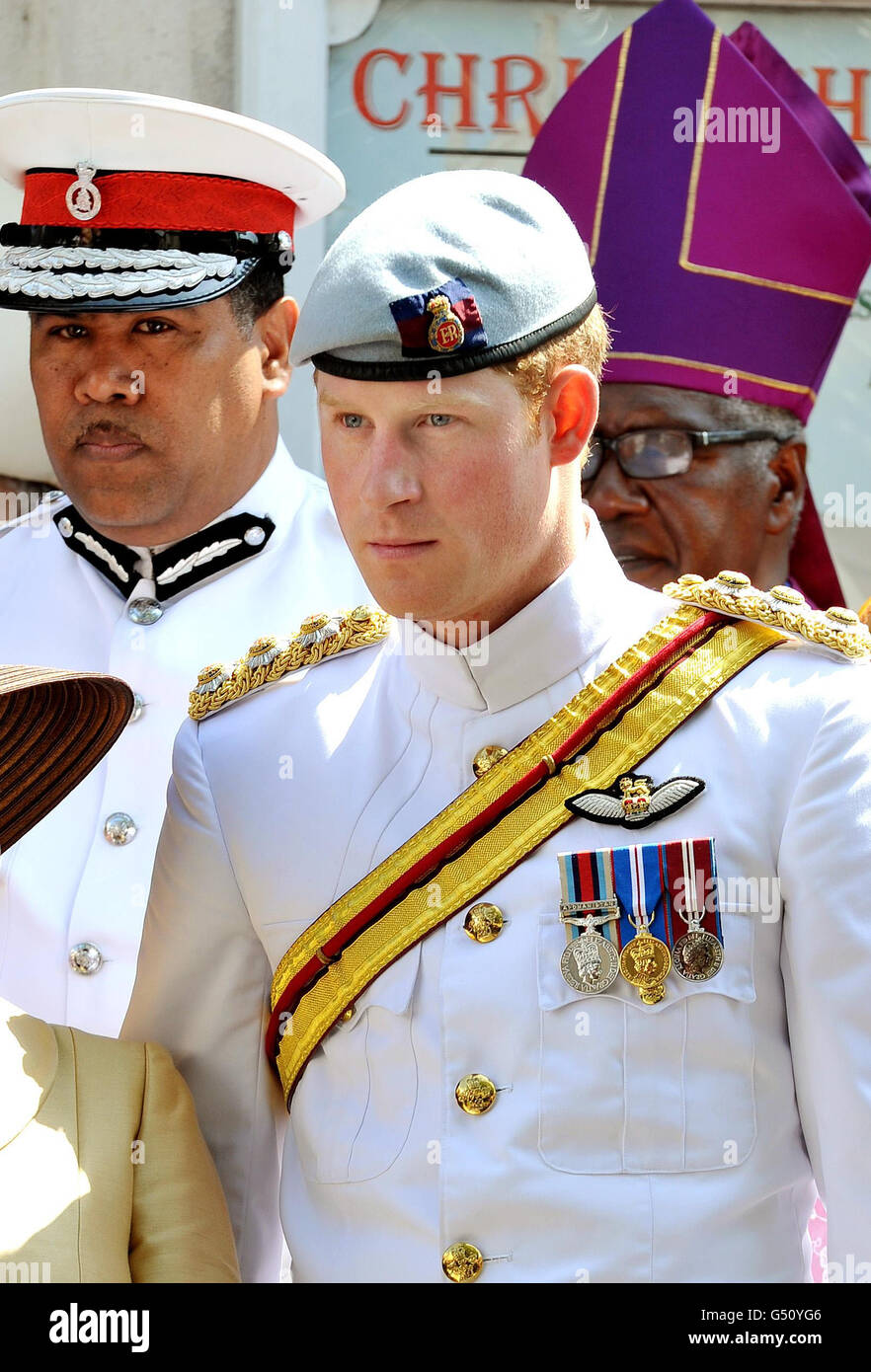 Prince Harry, wearing the 1 Tropical Dress of The Blues and Royals, after he attended the Sunday Service at Christ Church Cathedral in Nassau, Bahamas on the third day of his 10 day tour to Belize, Bahamas, Jamaica, and Brazil. Stock Photo